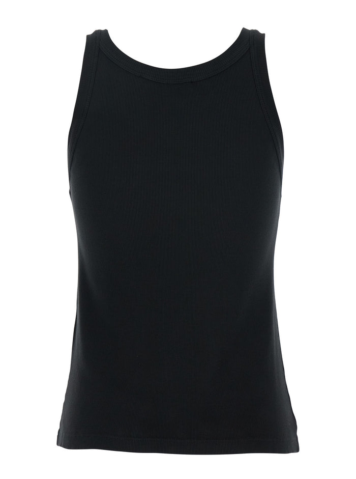Black Crewneck Sleeveless Top Cotton Stretch Woman Elastane Tops