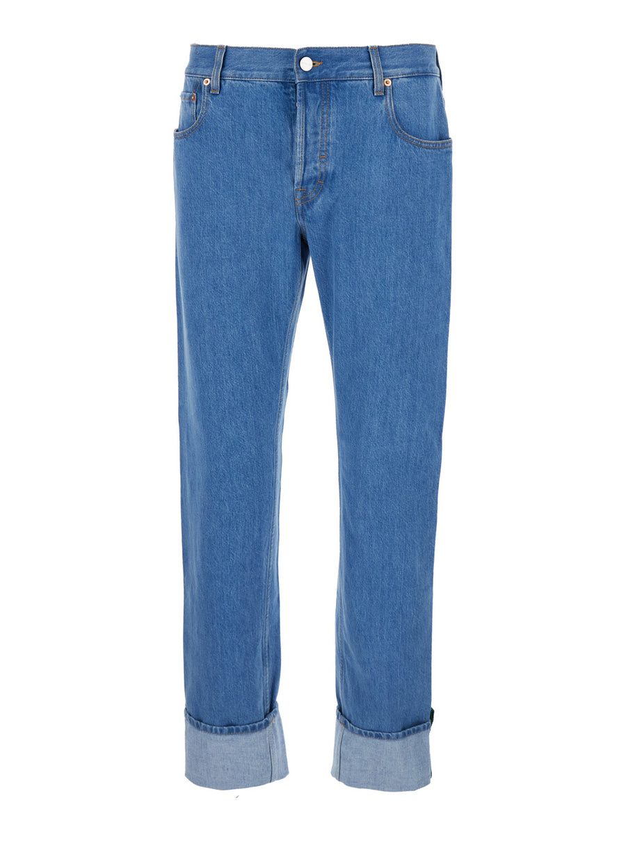 Blue Jeans With Logo Patch And Turn-Up Hem Cotton