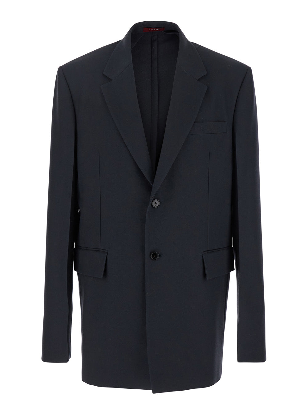 Dark Grey Jacket with Chest Pocket and Embossed Logo in Wool Gabardine Man Blazers