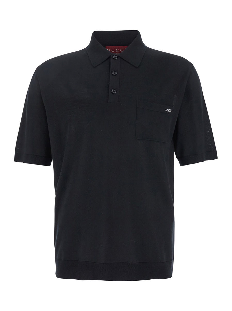 Black Polo Shirt With Chest Pocket Wool T-shirts