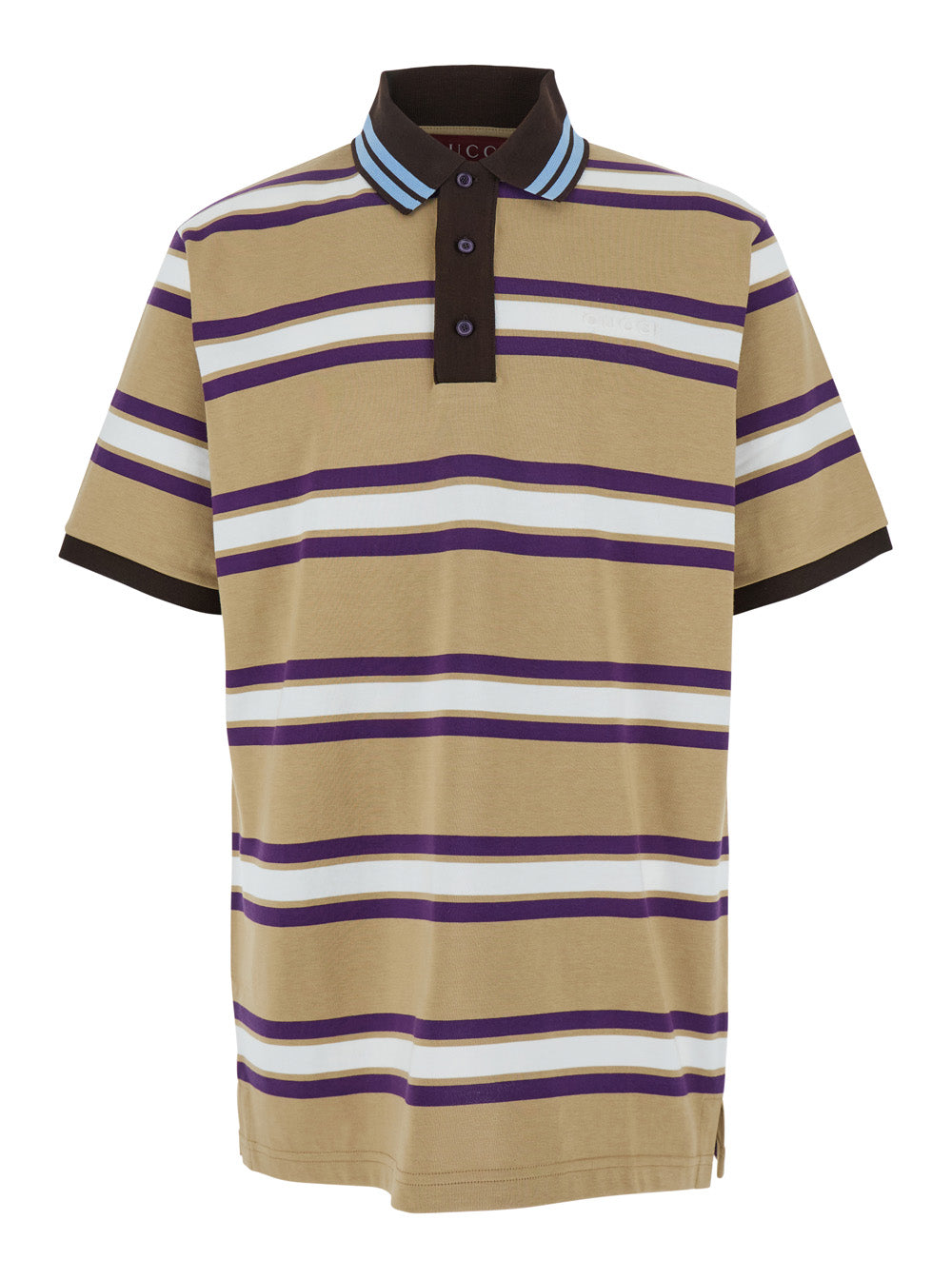 Beige Polo Shirt With Logo Imprinted On The Front And All-Over Striped Motif In Cotton Man Tshirts