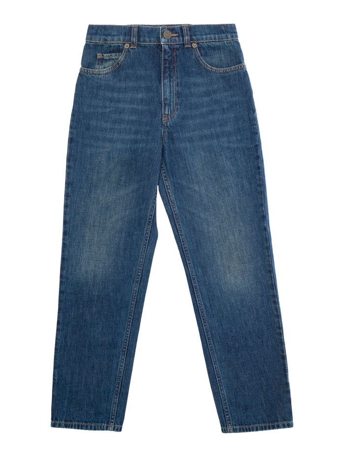 Blue Five Pocket Jeans With Logo Patch Denim Boy Blu Cotton