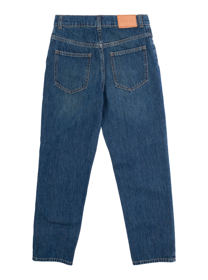Blue Five Pocket Jeans With Logo Patch Denim Boy Blu Cotton