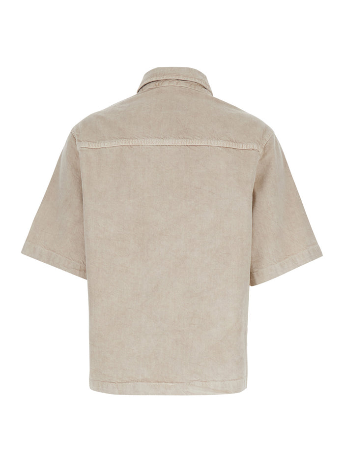 Olive Beige Shirt with Classic Collar in Cotton and Linen Blend Woman Blouses