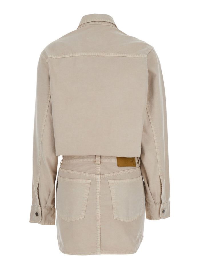 Tamu Beige Dress With Drop Shoulders And Logo Patch On The Back Cotton Woman