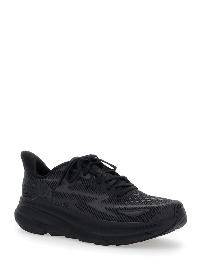 Clifton 9 Black Sneakers With Zig Zag Embroidery And Side Logo Print Rubber Unisex Textile Synthetic