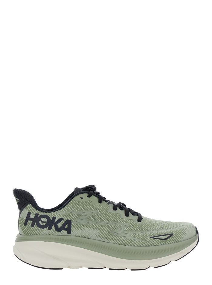 Clifton 9 Green Sneakers With Zig Zag Embroidery And Side Logo Print Rubber Unisex Textile Synthetic