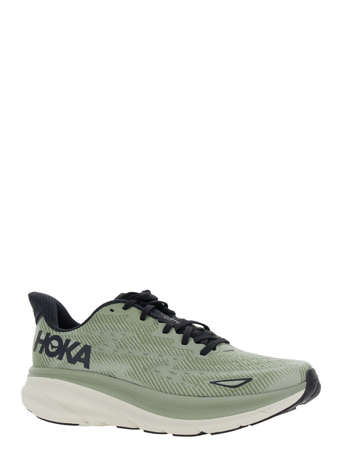 Clifton 9 Green Sneakers With Zig Zag Embroidery And Side Logo Print Rubber Unisex Textile Synthetic