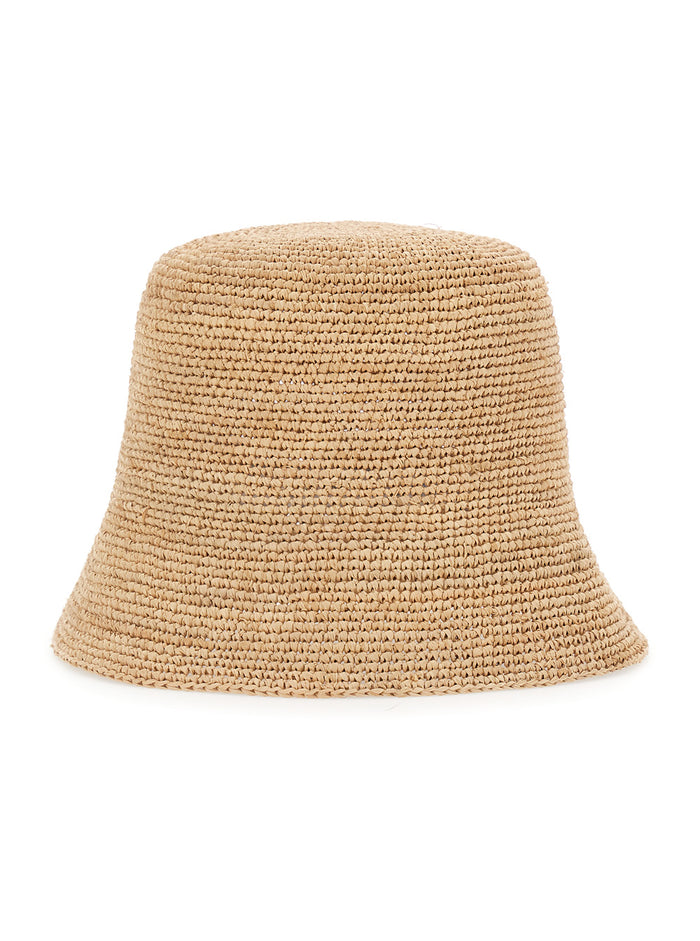 Andao Beige Hat With Braided Design And Low Narrow Brim Raffia Woman Gloves