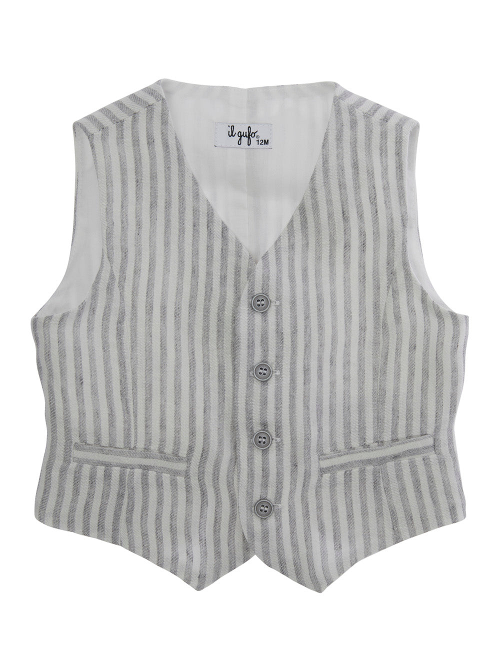 Grey Vest With V Neck And All-Over Striped Motif Linen Baby Blazers