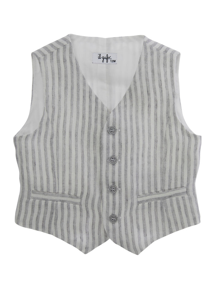 Grey Vest With V Neck And All-Over Striped Motif Linen Baby Blazers