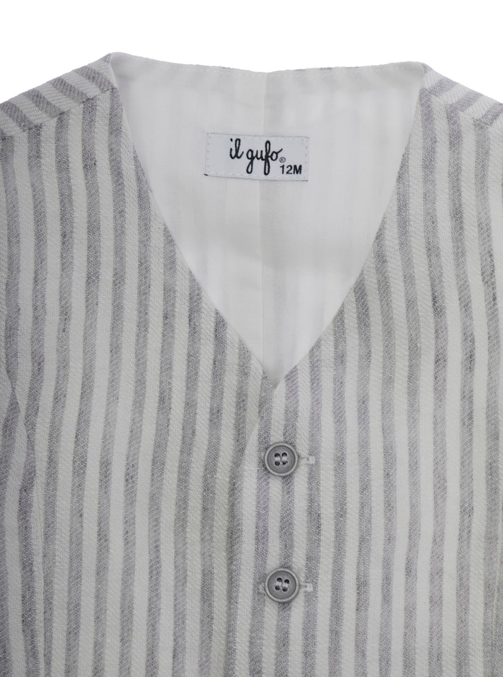 Grey Vest With V Neck And All-Over Striped Motif Linen Baby Blazers