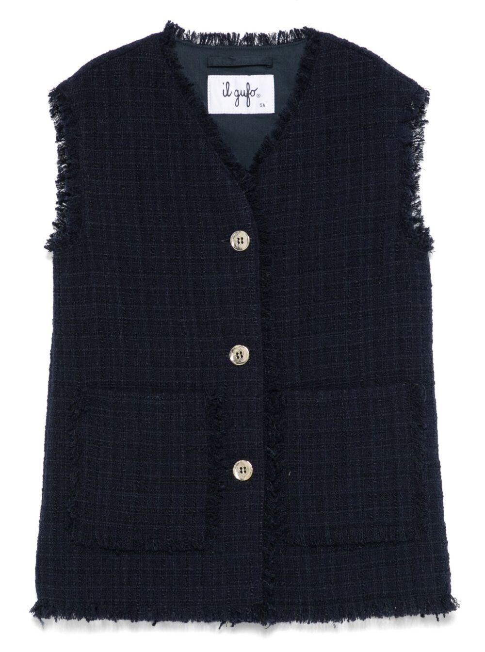 Blue Vest With Frayed Edges And V-Neck Cotton Tweed Girl Blu Blazers