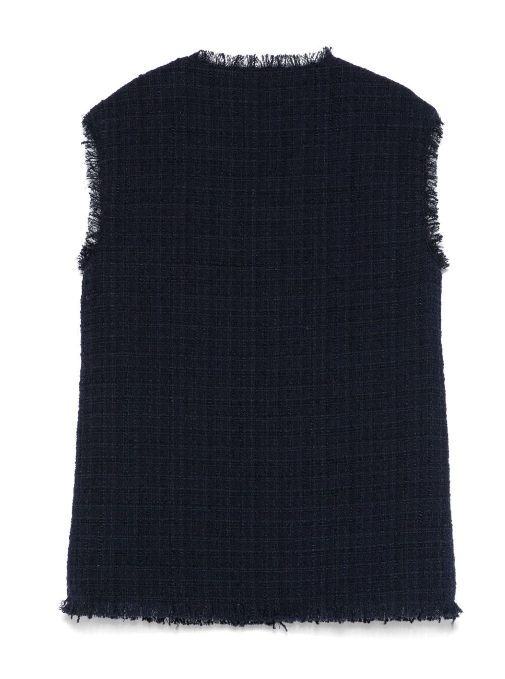 Blue Vest With Frayed Edges And V-Neck Cotton Tweed Girl Blu Blazers