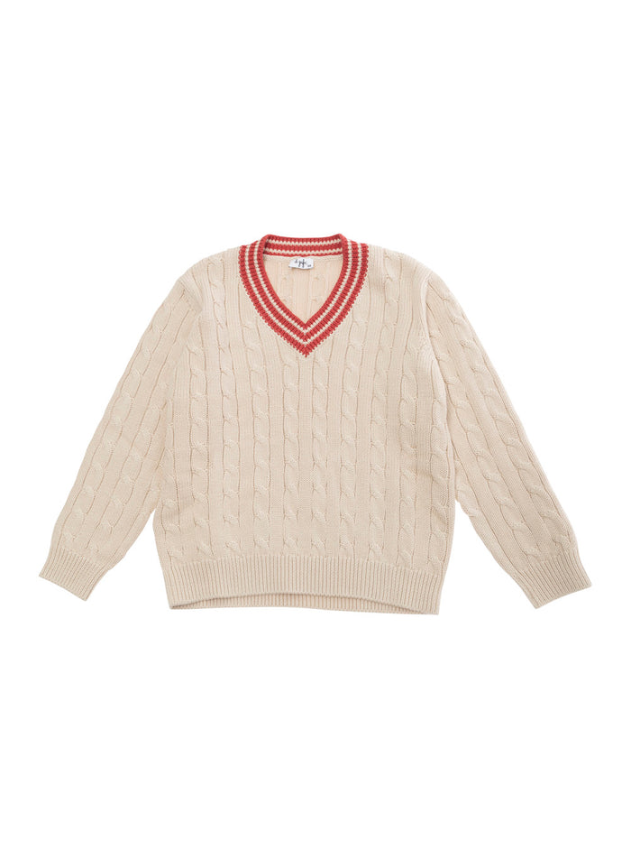 Beige T-Shirt With V Neck Striped Motif Cotton Girl Jersey