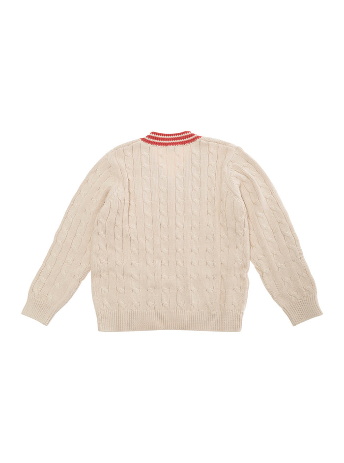 Beige T-Shirt With V Neck Striped Motif Cotton Girl Jersey