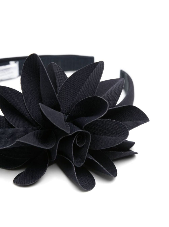 Black Headband With Flower Application Fabric Girl Blu Polyamide Elastan Hair Accessories