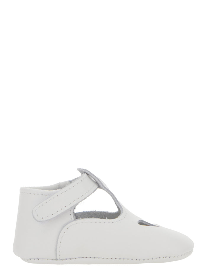 White Ballet Shoes with Cut-Out on the Front and Touch-Strap Closure in Leather Baby Flat