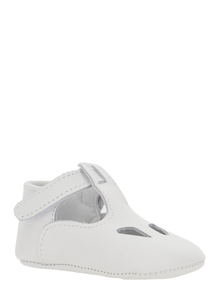 White Ballet Shoes with Cut-Out on the Front and Touch-Strap Closure in Leather Baby Flat