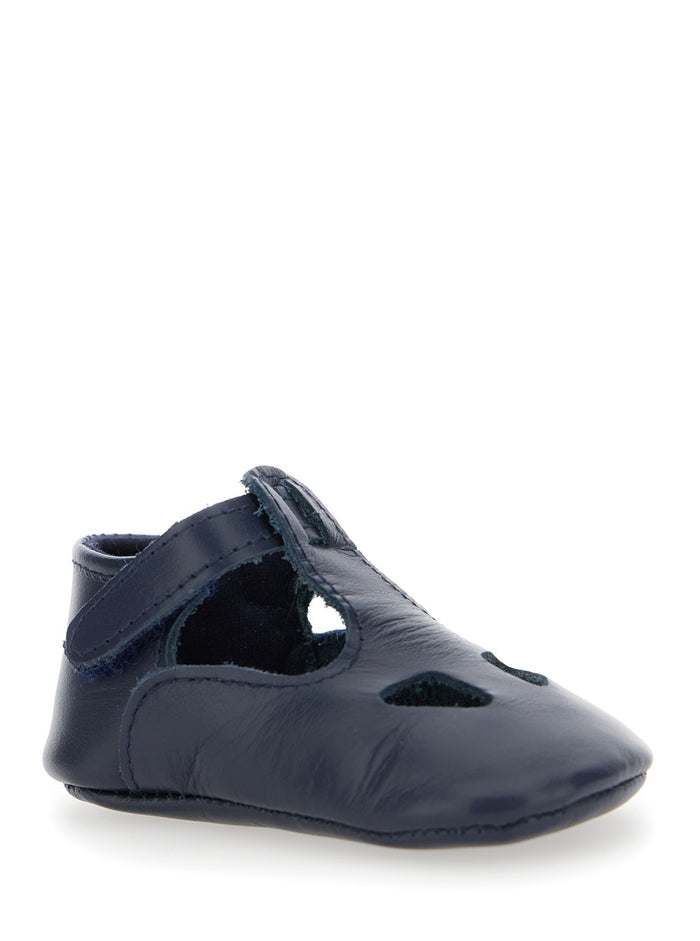 Blue Ballet Shoes with Cut-Out on the Front and Touch-Strap Closure in Leather Baby Blu Flat