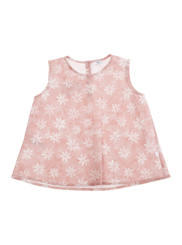 Pink Sleeveless Top With Round Neck And All-Over Floral Motif Linen Girl Tops