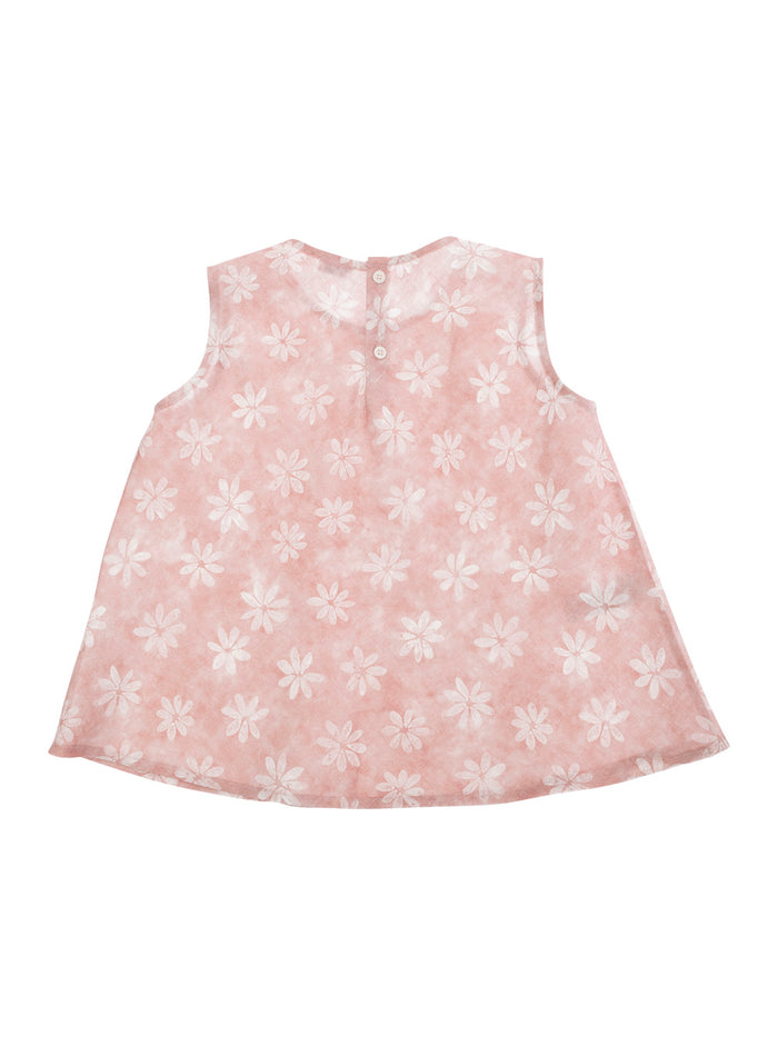 Pink Sleeveless Top With Round Neck And All-Over Floral Motif Linen Girl Tops