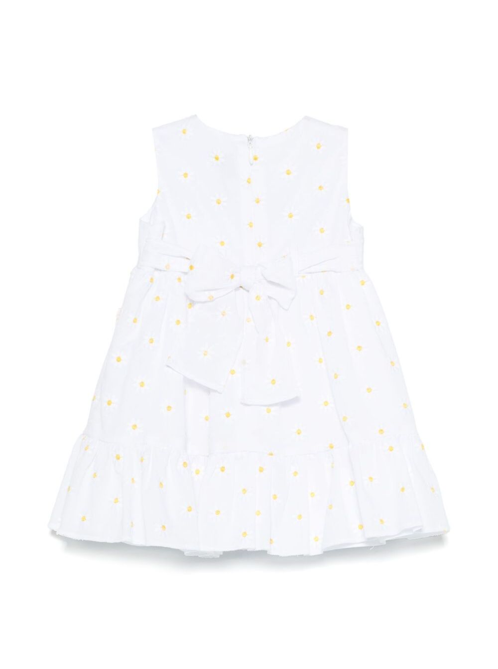 White Dress With All-Over Embroidered Flowers And Waist Tie Cotton Baby