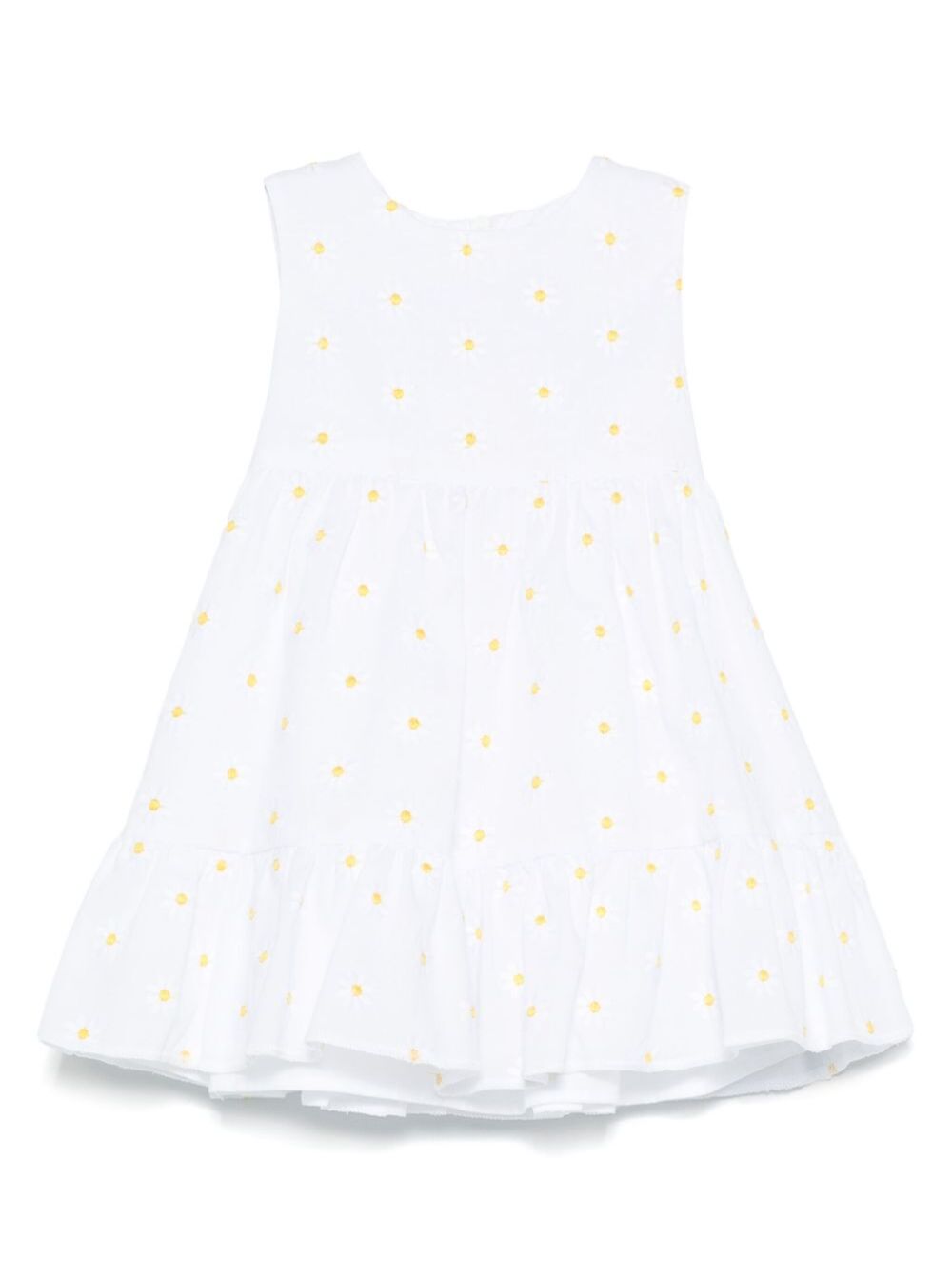White Dress With All-Over Embroidered Flowers And Waist Tie Cotton Baby