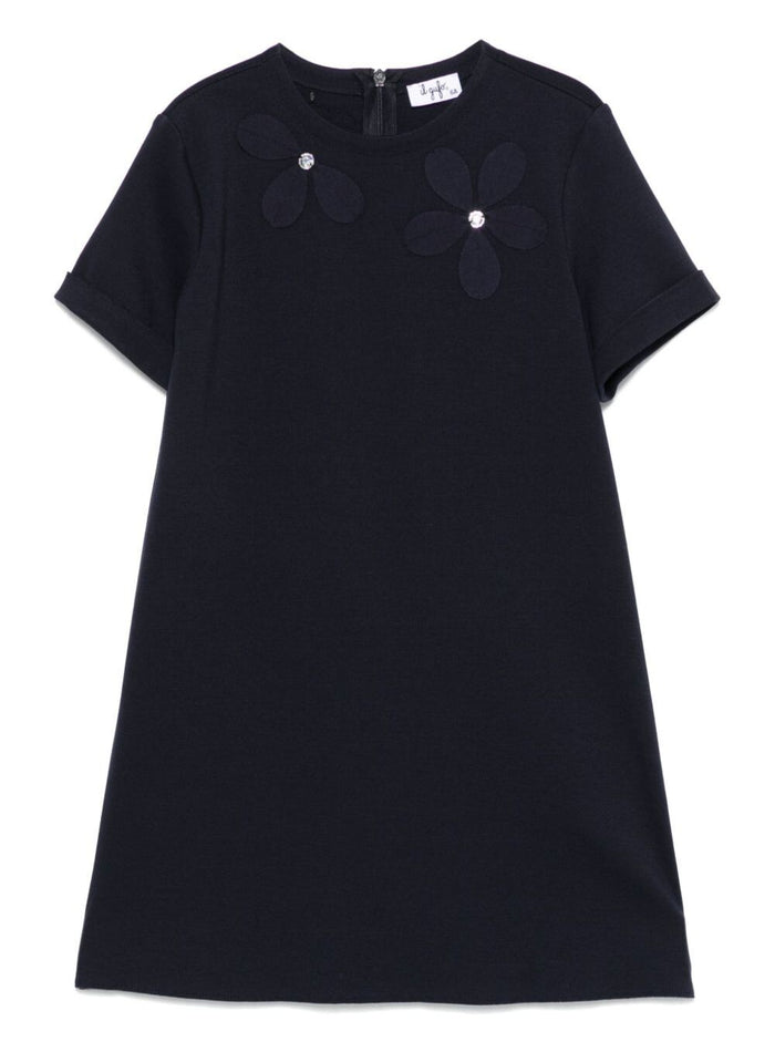 Blue Crewneck Dress With Floral Patches On The Front And Rear Concealed Zip Closure Viscose Blend Stretch Girl Blu Polyamide Elastan