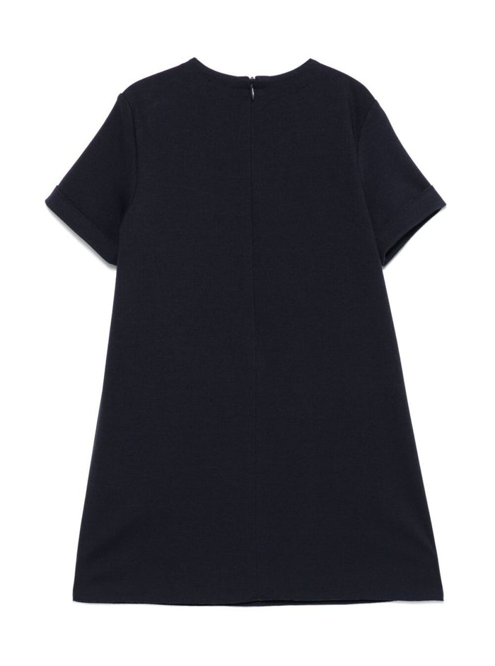 Blue Crewneck Dress With Floral Patches On The Front And Rear Concealed Zip Closure Viscose Blend Stretch Girl Blu Polyamide Elastan
