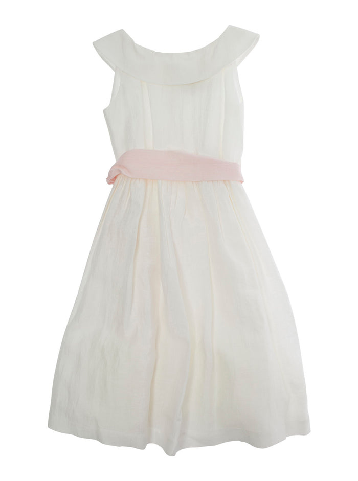 White Sleeveless Dress With Maxi Bow On The Rear Linen Blend Girl Polyamide