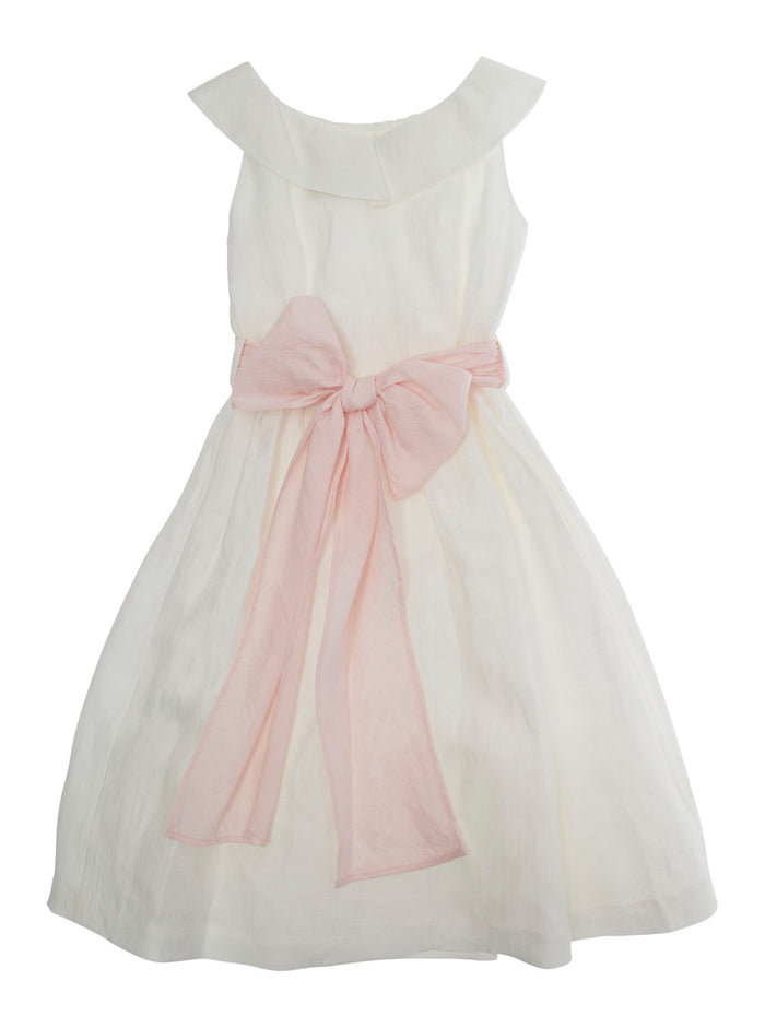 White Sleeveless Dress With Maxi Bow On The Rear Linen Blend Girl Polyamide