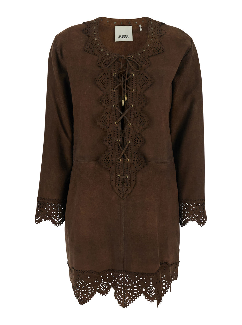 Charlina Brown Blouse With V Neck Studs And Perforated Notched Trims Suede Woman Leather Shirts Blouses