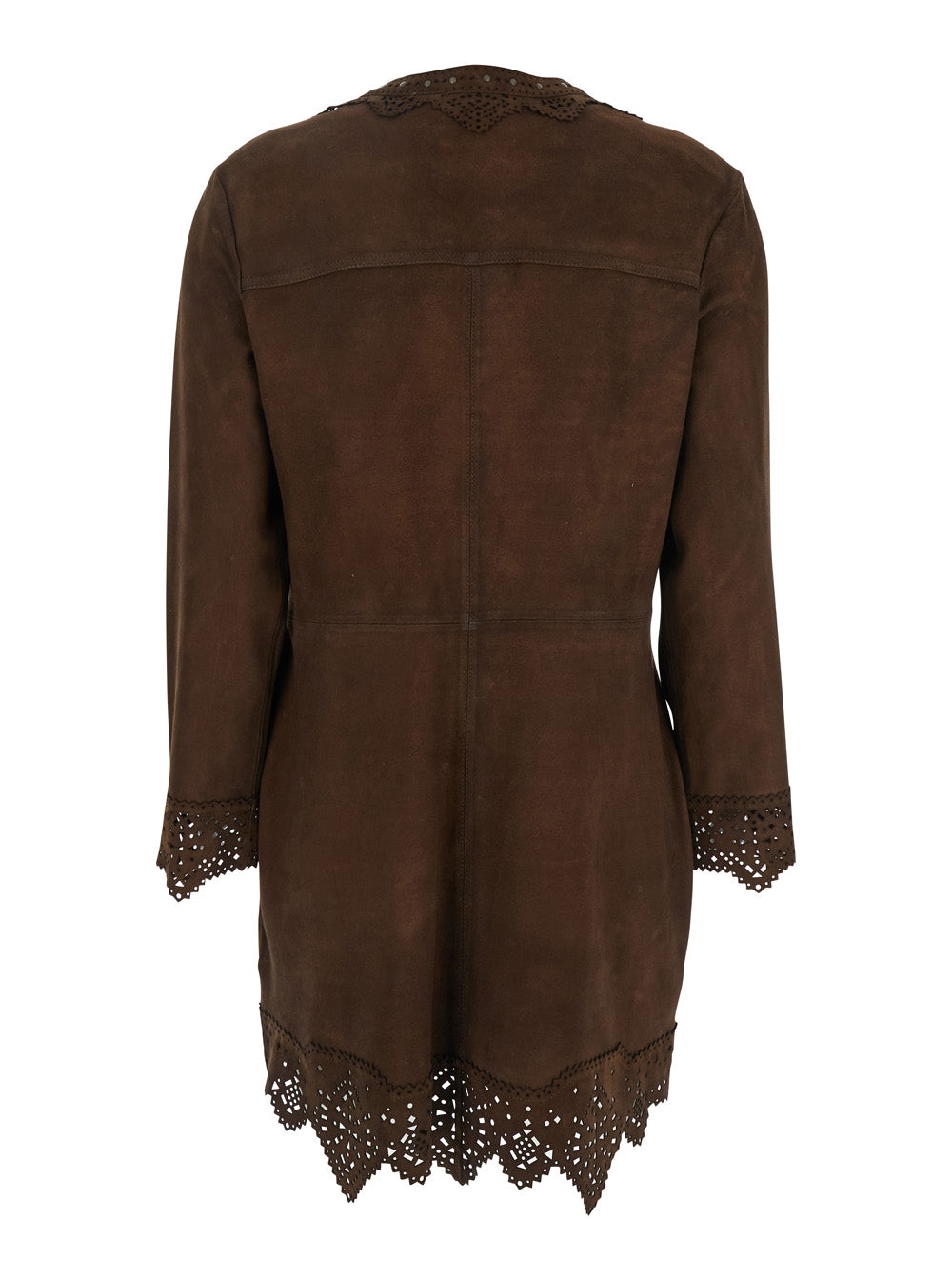 Charlina Brown Blouse With V Neck Studs And Perforated Notched Trims Suede Woman Leather Shirts Blouses