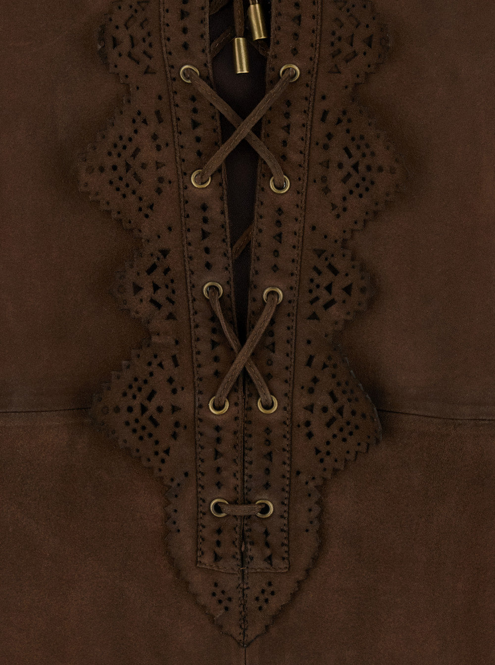 Charlina Brown Blouse With V Neck Studs And Perforated Notched Trims Suede Woman Leather Shirts Blouses