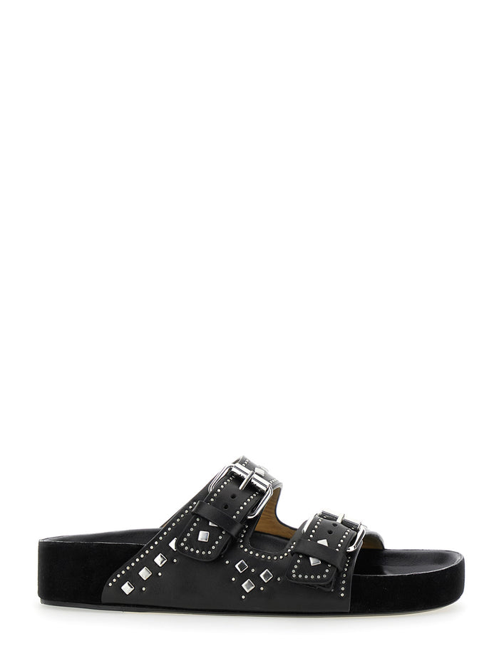 Lennyo Black Sandals with Stud Embellishments and Moulded Footbed in Leather Woman Calf Flat Shoes