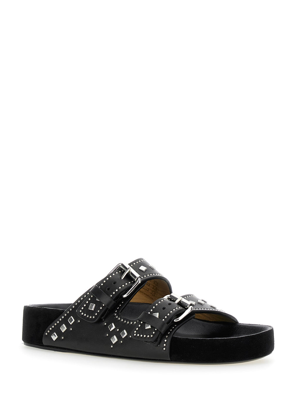 Lennyo Black Sandals with Stud Embellishments and Moulded Footbed in Leather Woman Calf Flat Shoes