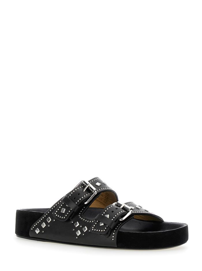 Lennyo Black Sandals with Stud Embellishments and Moulded Footbed in Leather Woman Calf Flat Shoes