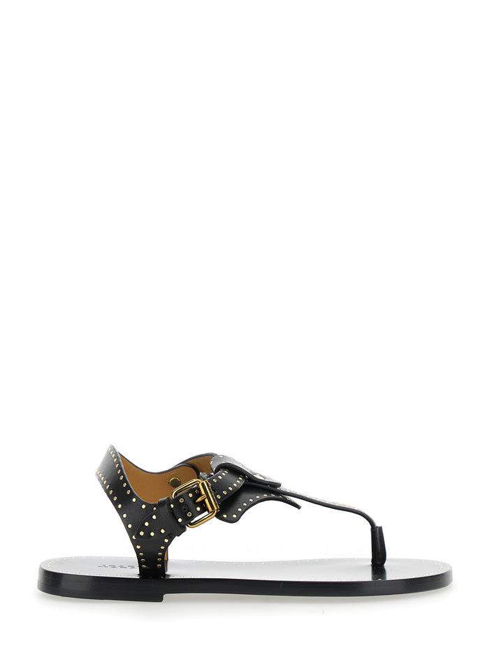 Jooni Black Sandals with Buckle Closure and Metal Studs in Leather Woman Calf Flat Shoes