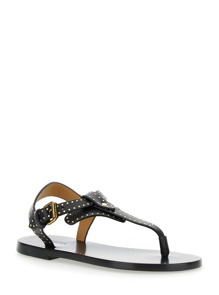 Jooni Black Sandals with Buckle Closure and Metal Studs in Leather Woman Calf Flat Shoes