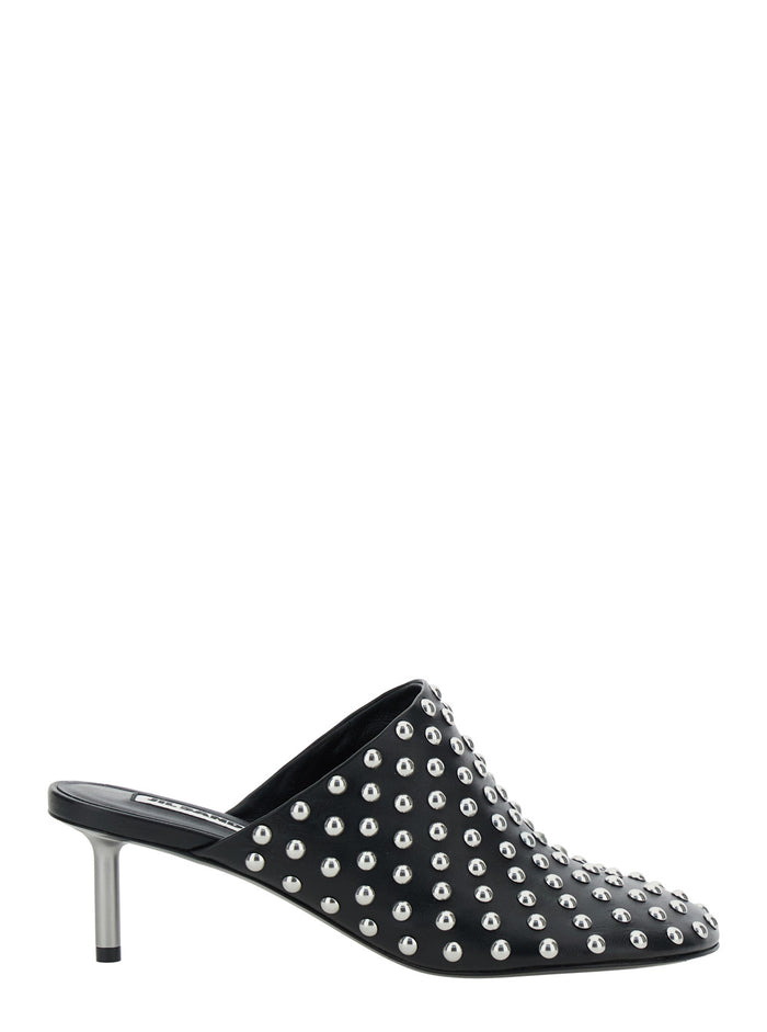 Black Mules with Low Heel and All-Over Stud Embellishments in Leather Woman Ovine Heels