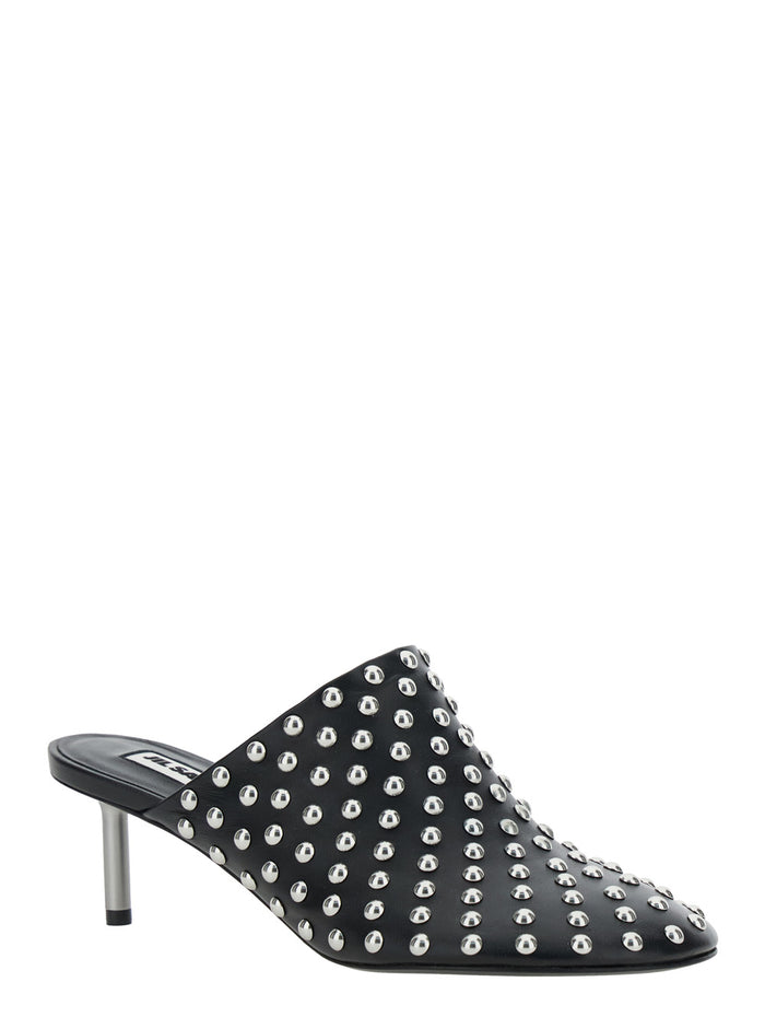 Black Mules with Low Heel and All-Over Stud Embellishments in Leather Woman Ovine Heels