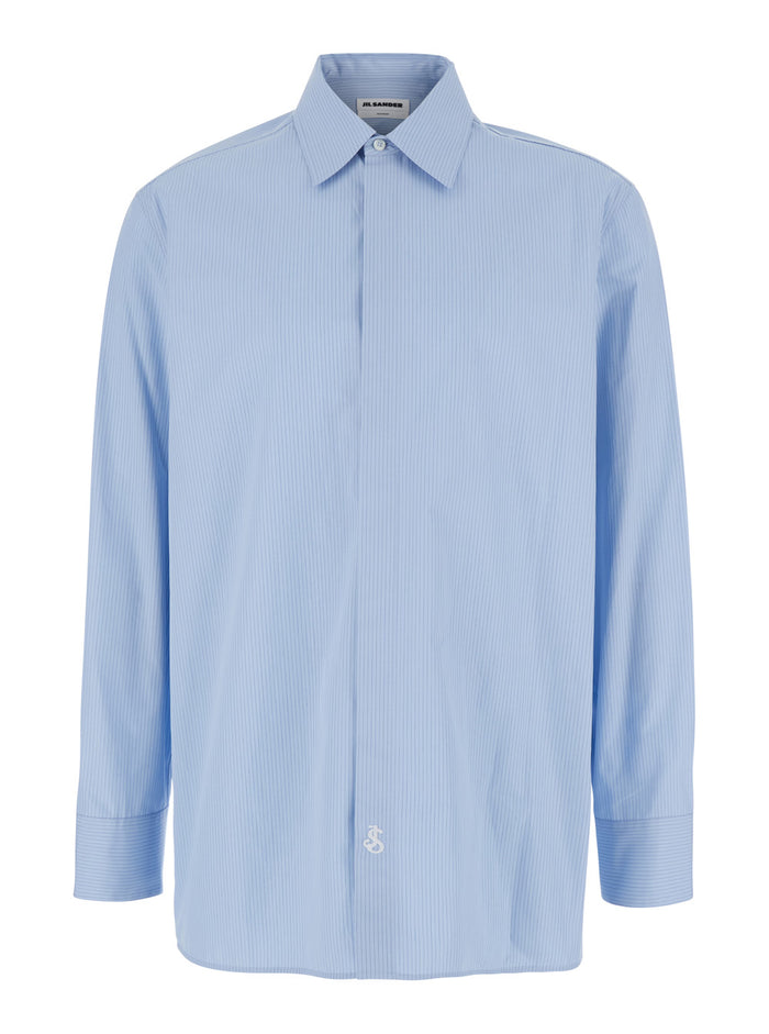 Light-Blue Pinstriped Shirt with Pointed Collar in Cotton Man Light Blue And Blouses