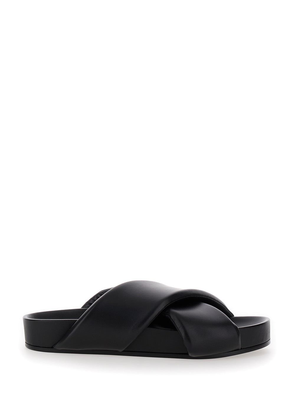 Black Sandals with Criss Cros Bands in Smooth Leather Man Ovine Flat Shoes