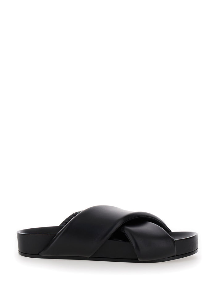 Black Sandals with Criss Cros Bands in Smooth Leather Man Ovine Flat Shoes