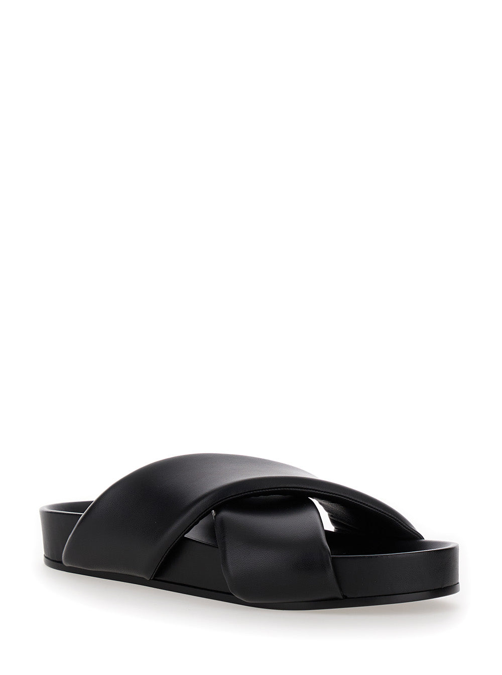 Black Sandals with Criss Cros Bands in Smooth Leather Man Ovine Flat Shoes