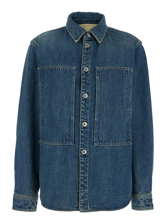 Blue Shirt with Classic Collar and Logo Patch on the Rear in Denim Woman Blu Cotton Blouses