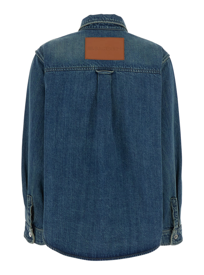 Blue Shirt with Classic Collar and Logo Patch on the Rear in Denim Woman Blu Cotton Blouses