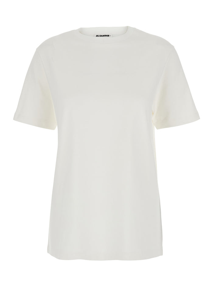 White Crewneck T-Shirt with Logo Patch Applied on the Back in Cotton Woman Tshirts And Polo Shirts