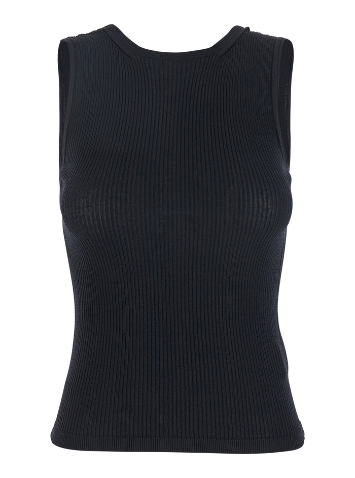 Black Top With Ribbed Design And Cut-Out Detail On The Back Viscose Blend Woman Polyamide Tops